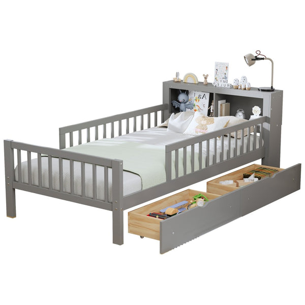 English Elm Twin Size Bed With Headboard Storage, Two Drawers & Safety Guardrails - Stylish Gray Design! N733P272374E-GIGA