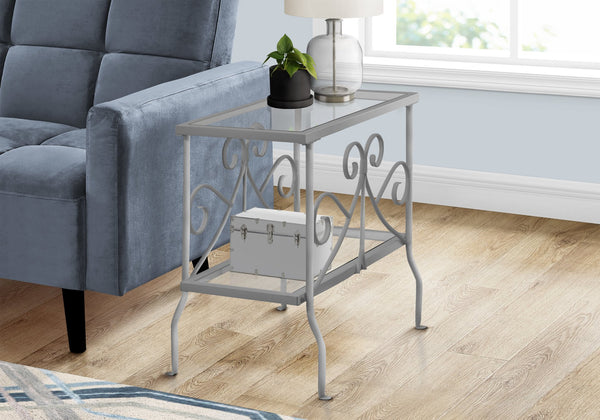 English Elm Accent Table Elegant Scroll Metal Frame with Two Tempered Glass Surfaces for Living Room Décor, Versatile End Nightstand 24x12x22 inches Silver 26 L x 26 W x 5 H B2710P219192