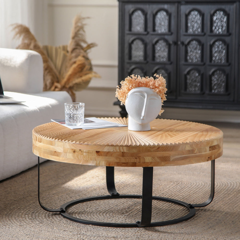 English Elm Modern Round Pine Coffee Table with Carved Wood Top and Sleek Metal Legs for Stylish Living Spaces Natural+Black W757P186923