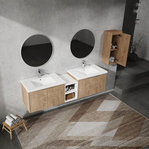 English Elm 72" Wall-Mounted Bathroom Vanity Set With Dual Sinks, Soft-Close Doors & Side Cabinet For Storage W999S00227