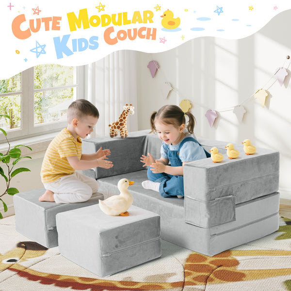 English Elm 5-piece Modular Foam Play Couch Velvet Toddler Sofa Foldable Kids Playroom Set Light Gray T5880P493434