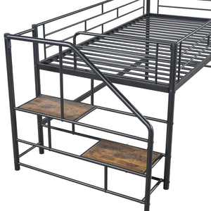 English Elm Mid Mid Loft Bed with Storage Stairs Twin Safety Ladder Low 26.6" Slats Sturdy Metal Frame Black MF323325AAB