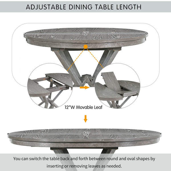 English Elm Trexm Retro Extendable Round Dining Set with Four Linen Upholstered Chairs Rubberwood Grey ST000141AAE-2026