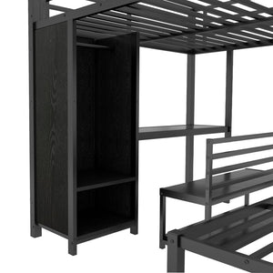 English Elm Queen Over Queen Bunk Bed Frame With Desk, Storage Chairs & Wardrobe – Space-Saving Black Design W1580S00110-GIGA