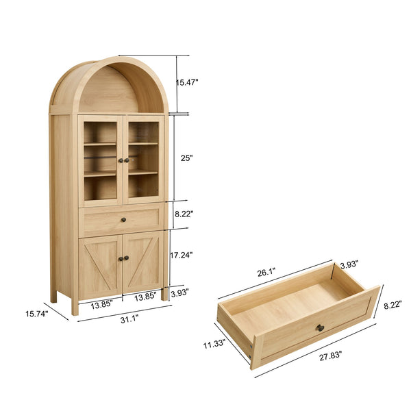 English Elm Dome Arched Cabinet with Vintage Circular Hardware and Multi-tier Shelving for Living Room W1785P332536