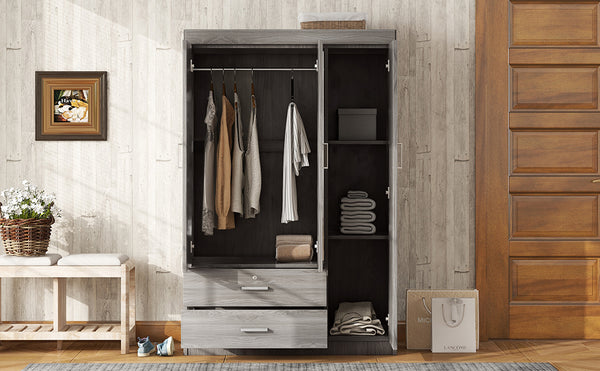 English Elm 3-door Wardrobe with Full Length Mirror Lockable Drawer and Bedroom Shelf Storage Gray LP006601AAE