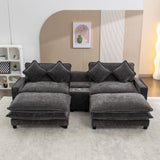 English Elm 112.6" Sectional Sofa Chenille Upholstered Sofa With Two Removable Ottoman, Two Usb Ports, Two Cup Holders and Large Storage Box For Living Room, Black