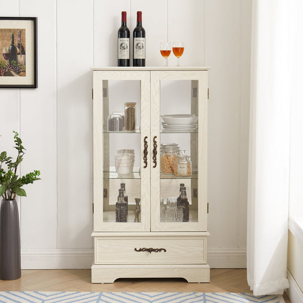 English Elm Lighted Glass Curio Cabinet - Elegant 2-Door Display With Adjustable Shelves & Integrated Lighting, White Finish W1758P300115