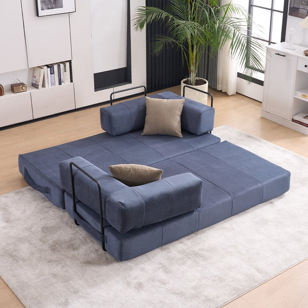 English Elm Folding Sofa Bed with Corduroy Cover, 78.5" Convertible Futon Couch, No-Assembly Foam Spring Mattress, Compact Sleeper for Living Room Blue W2915P276732