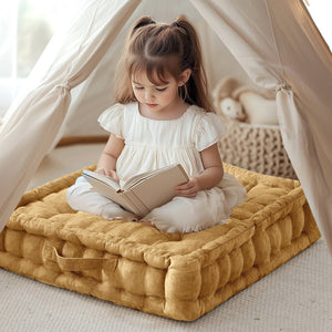 English Elm 1- Piece Tufted Chenille Floor Cushion with Scalloped Edge for Bohemian Living Spaces Yellow B035P482972