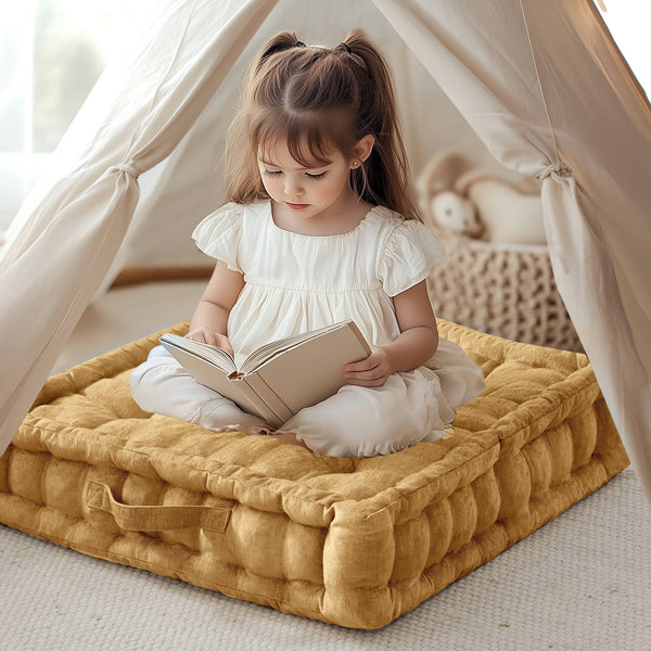 English Elm 1- Piece Tufted Chenille Floor Cushion with Scalloped Edge for Bohemian Living Spaces Yellow B035P482972