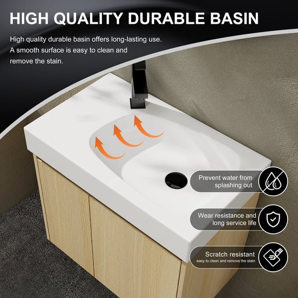 English Elm 24 Inch Bathroom Vanity Floating Ceramic Basin Sink Combo with Double-Door Wall-Mounted Storage Cabinet Durable Engineered Wood Modern Design Oak W1972P190341