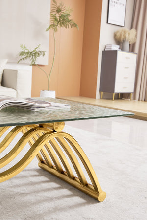 English Elm 47" Rectangle Modern Coffee Table With Ripple Glass Top, Gold Stainless Steel Frame, Easy Assembly W2978S00015