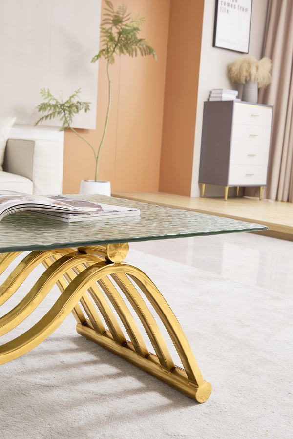 English Elm 47" Rectangle Modern Coffee Table With Ripple Glass Top, Gold Stainless Steel Frame, Easy Assembly W2978S00015