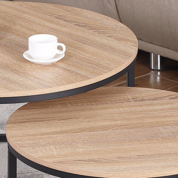 English Elm 24" Round Nesting Coffee Tables Natural Oak Mdf Top Metal Frame Modern Industrial Set W3151P412658