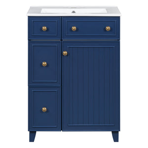 English Elm 24-Inch Bathroom Vanity Cabinet with Ceramic Sink, Space-Saving Storage, Solid Wood Feet, Durable Finish Blue WF532034AAC