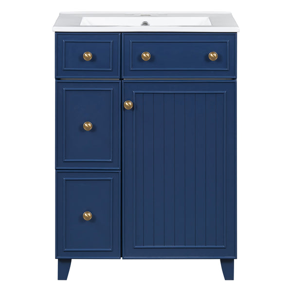 English Elm 24-Inch Bathroom Vanity Cabinet with Ceramic Sink, Space-Saving Storage, Solid Wood Feet, Durable Finish Blue WF532034AAC