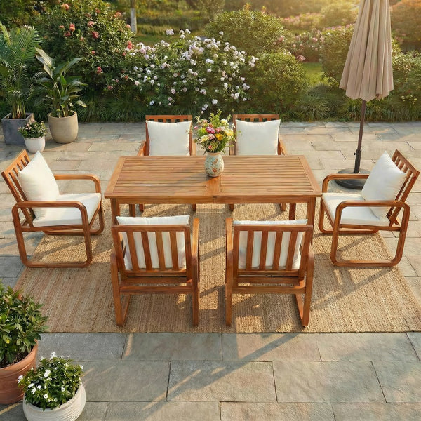 English Elm Outdoor Acacia Wood Dining Set Seats Six with Cushioned Armrest Chairs for Patio Beige,Natural Wood N719Z000200A