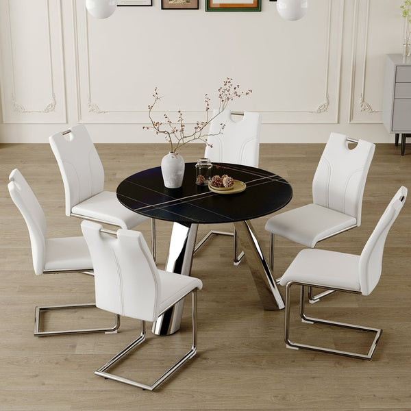 English Elm Table Set - Modern 42-Inch Round Dining Table With 6 Stylish White Chairs & Stainless Steel Legs W2920S00016-GIGA