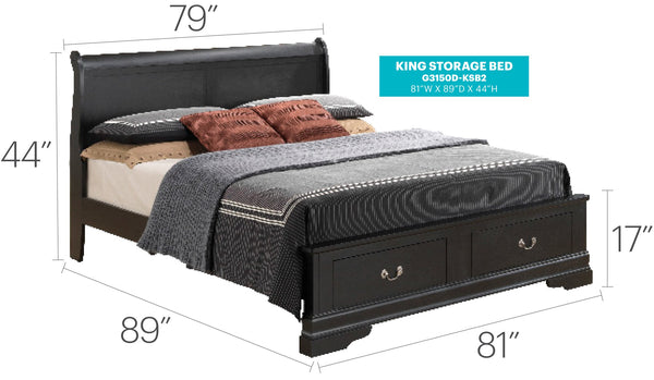 English Elm Sleek Black King Storage Bed with 2-Drawer Underbed, 33"H x 79"W x 89"D, Durable Particleboard, Classic Finish, Easy Assembly B078S00349