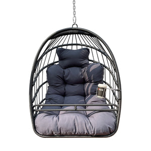 English Elm Swing Hammock Egg Chair with Wood-Grain Alloy Frame, UV-Resistant Rattan, Foldable 350lb Capacity Black W2707P184373