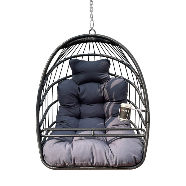 English Elm Swing Hammock Egg Chair with Wood-Grain Alloy Frame, UV-Resistant Rattan, Foldable 350lb Capacity Black W2707P184373