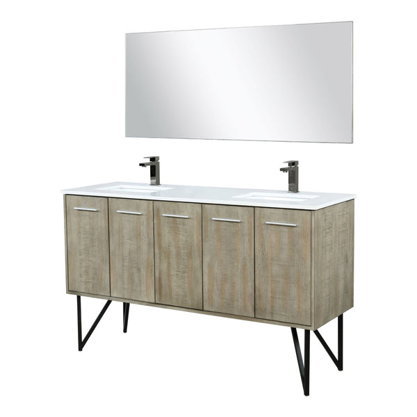 English Elm Rustic Acacia Double Bath Vanity With White Quartz Top, Gun Metal Faucet & Large 55 In. Mirror B2731S01669-GIGA