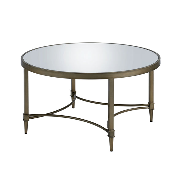English Elm Aditya Mirrored & Antique Brass Coffee Table with 5mm Glass Top, Curved Crossbar & Luxe Vintage Flair B2726P255337