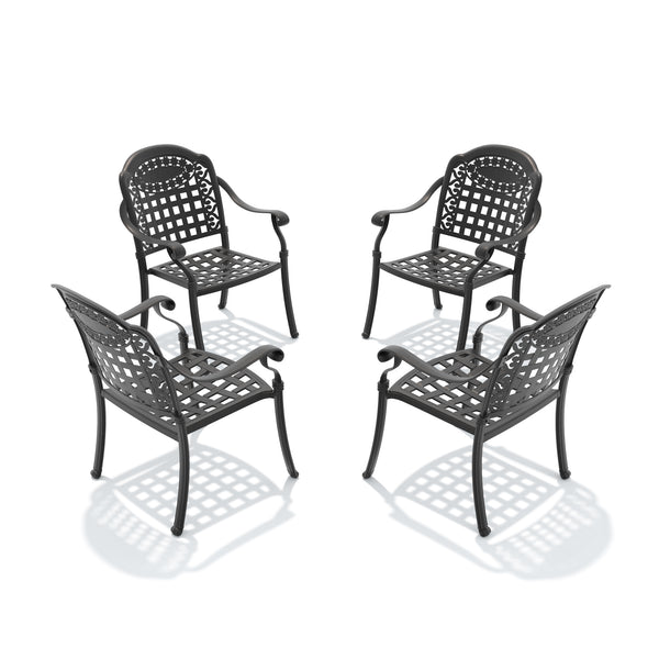 English Elm Cast Aluminum Outdoor Dining Chairs Set of 4 with Carved Relief Frame and Weather Cushions W1710S00510
