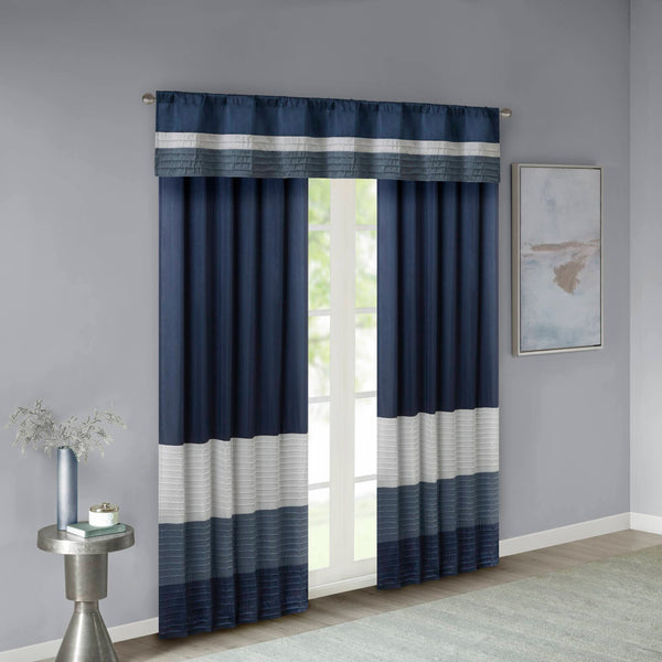 JLA Home Madison Park - Polyoni Pintuck Window Valance with Lined Striped Texture, Tailored Fullness & Easy Rod Pocket Navy MP41-2231