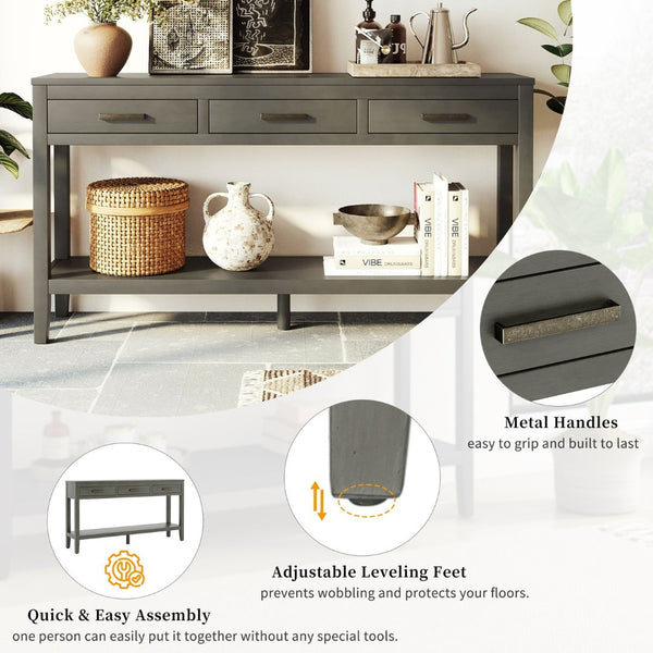 English Elm U_Style 62.2'' Farmhouse Console Table With 3 Drawers, Bottom Shelf & Iron Handles For Home Decor N711P234485E-GIGA