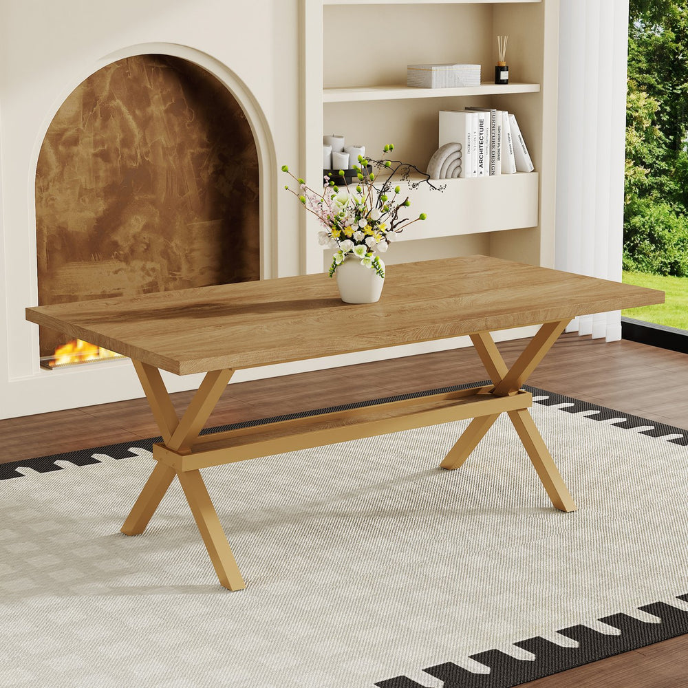 English Elm 71 Inch Industrial Dining Table Walnut Mdf Top Seats 8 with X Frame Steel Base Wood W1151P434795