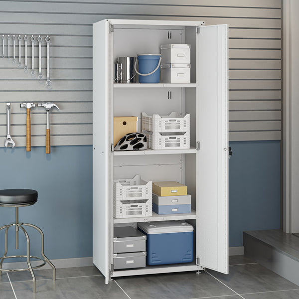 English Elm Rolling Metal Garage Cabinet with Locking Doors Diamond Texture Industrial Storage White B365P398228