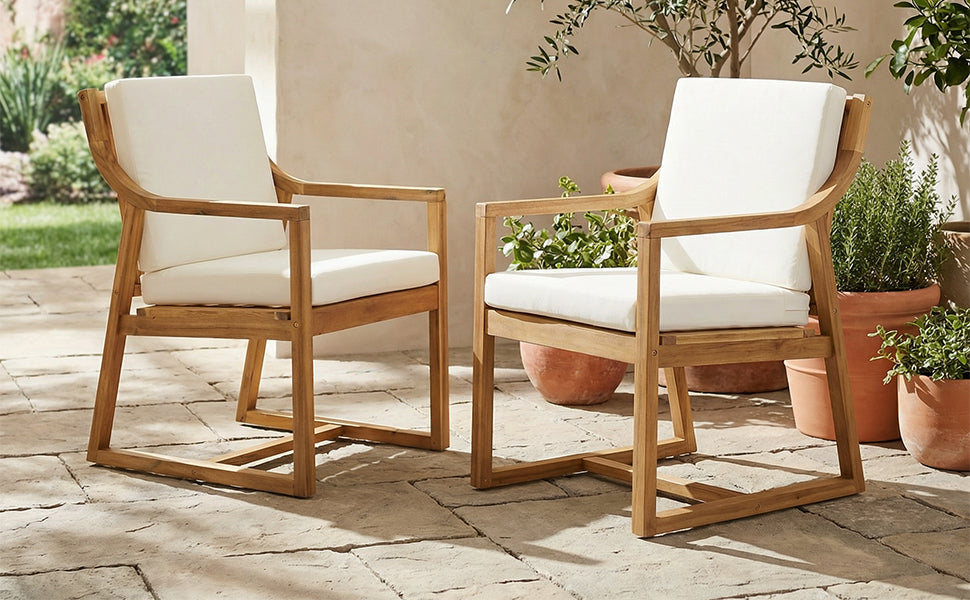 English Elm Outdoor Acacia Wood Round Patio Dining Set with Umbrella Hole and Curved Armchairs N719P402256L