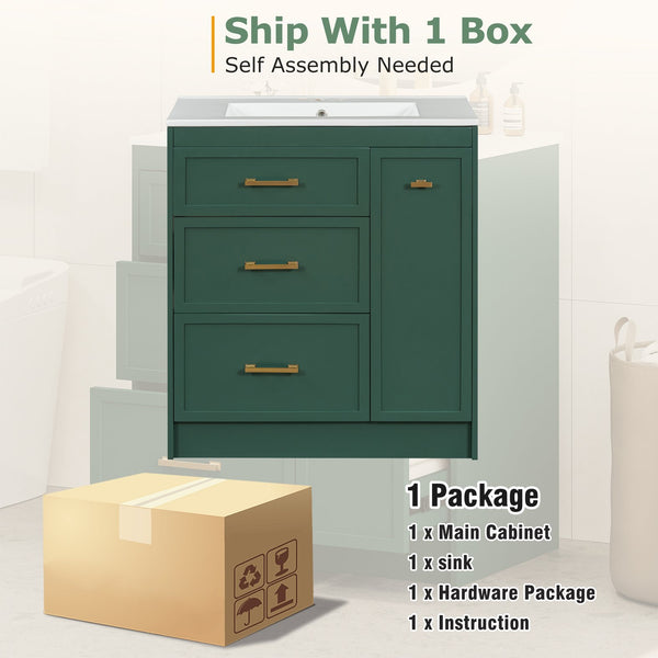 English Elm Classic 30" Forest Green Bathroom Vanity with Gold Handles, Double-Layer Drawer, Ceramic Sink Elegance N729P194978F