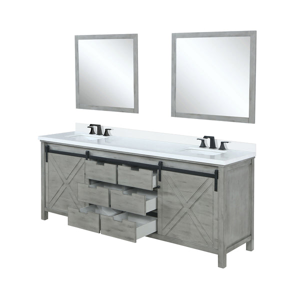 English Elm Ash Grey Double Bath Vanity With White Quartz Top, Matte Black Fixtures & 30" Mirrors For Modern Style B2731S01077