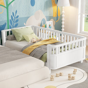 English Elm Twin Solid Pine Platform Bed with Guardrail for Kids — Low Profile White Twin Bed, Durable 250lb Capacity W2593P296772