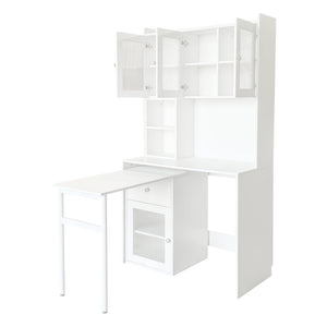English Elm Computer Desk with Glass Doors, Hutch & Drawer Storage, Rotating 90° Desktop and Spacious Work Surface White W331S00194