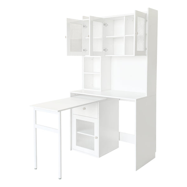 English Elm Computer Desk with Glass Doors, Hutch & Drawer Storage, Rotating 90° Desktop and Spacious Work Surface White W331S00194
