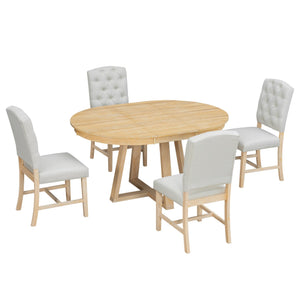 English Elm Trexm Retro 5 Piece Extendable Round Dining Set with Button Tufted Upholstered Chairs Natural ST000094AAN-2026