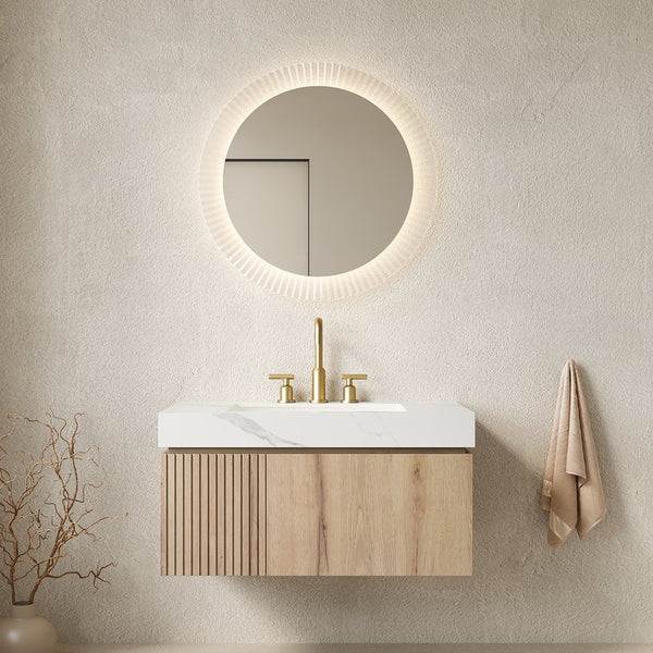 English Elm Muri Floating Bathroom Vanity with Oak Woodgrain Cabinet and Sintered Stone Top W2615S00632
