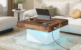 English Elm 31.4'' X 31.4'' Farmhouse Coffee Table With 2 Usb Ports and Outlets, Brown Spliced Wood Grain Center Table With Led Light, Rustic Cocktail Table With Charging Station For Living Room, White