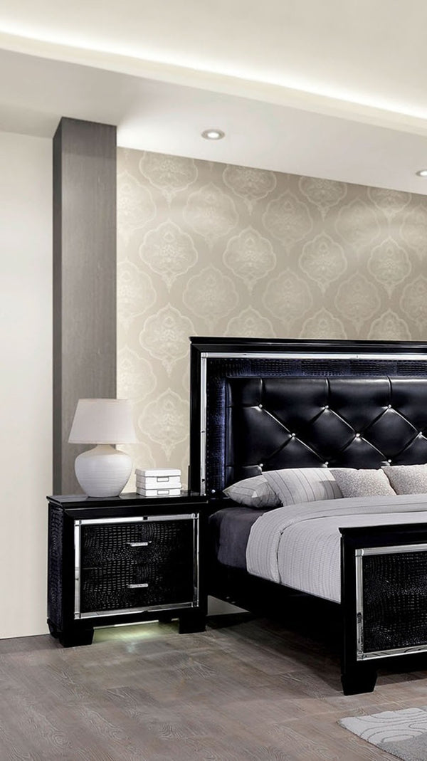 English Elm Contemporary Crocodile-Textured Nightstand with LED Mood Lighting, Dovetail Drawer & Mirror Accents Black 34 L x 21 W x 35 H B011P232476