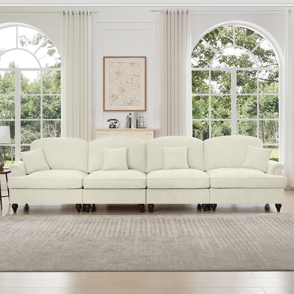 English Elm Elegant Four-Seater Chenille Sofa With Removable Ruffled Skirts, Flared Arms & Spindle Legs For Cozy Living Spaces W3041S00238