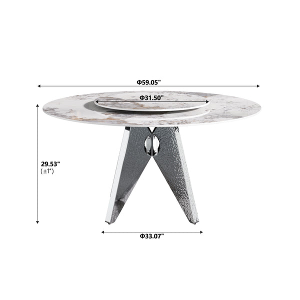 English Elm 59.05" Round Marble Dining Table - Elegant Silver Base, Durable White Sintered Stone, Seats 6-8 W1535S00464