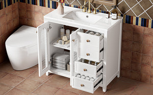 English Elm 36.02-inch white bathroom vanity with ceramic basin, gold round handles, soft-close doors & drawers N729P184710K