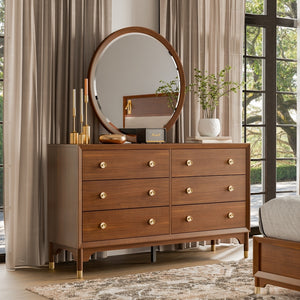 English Elm 1pc Walnut Six Drawer Dresser Gold Capped Legs Mid Century Modern Bedroom Storage B2741P446678