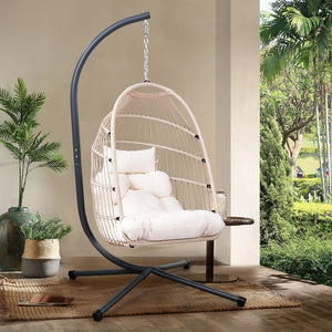 English Elm Foldable Hanging Egg Chair with Stand Pillow, HDPE Wicker, Rust‑Resistant Frame, Cushioned Headrest, 350lb Capacity White W2500P369689