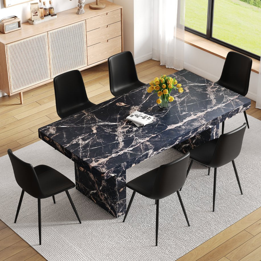 English Elm Table and Chair Set 7 Piece Black Marble Mdf Dining with Pu Leather Seating W1151S04135
