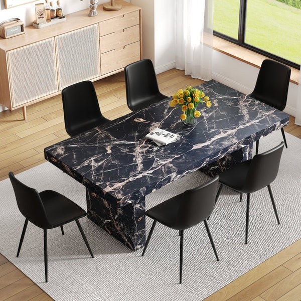 English Elm Table and Chair Set 7 Piece Black Marble Mdf Dining with Pu Leather Seating W1151S04135
